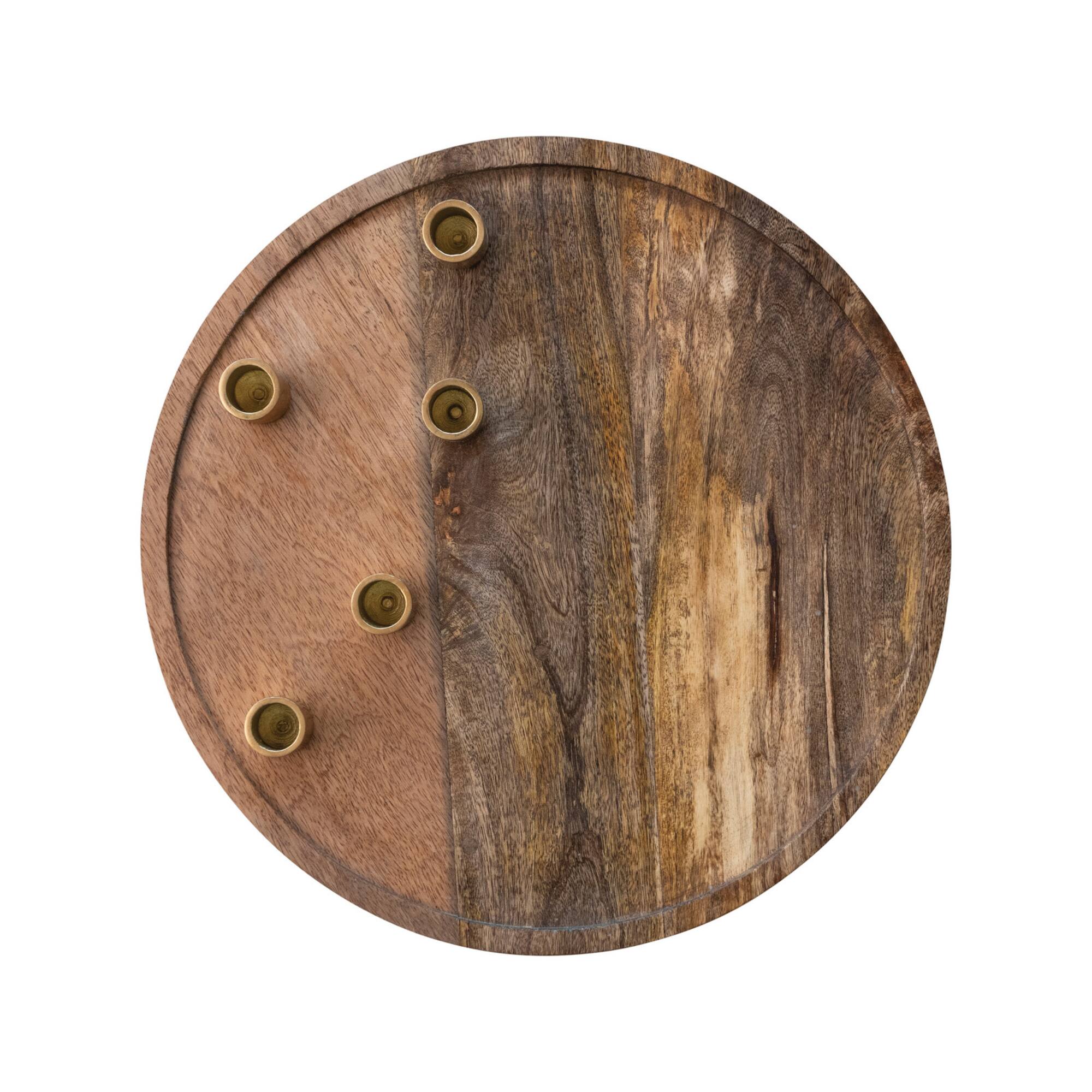 Hello Honey® 15.5" Decorative Natural & Gold Finish Mango Wood & Aluminum Tray Taper Candleholder